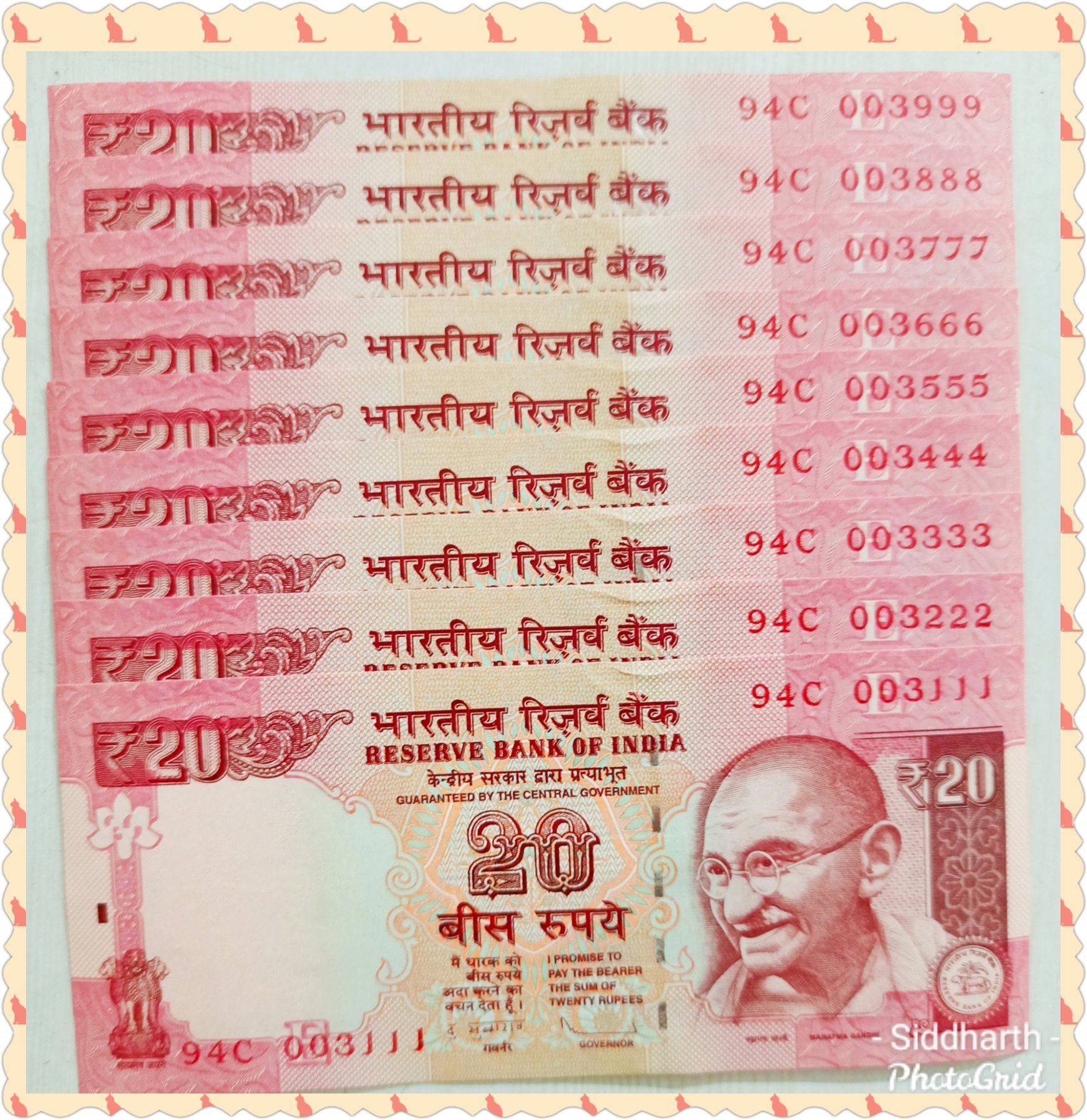 Reserve Bank of India twenty-rupee notes with serials from 003111 through 003999
