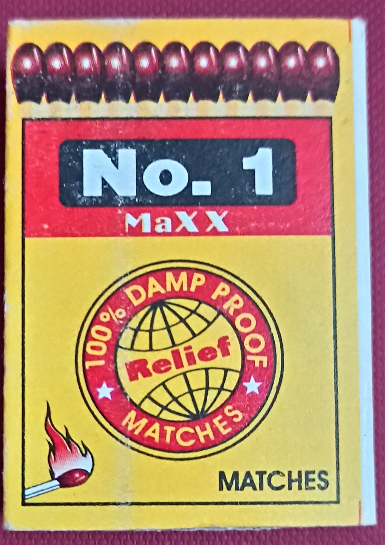 No. 1 Maxx damp-proof matchbox label in yellow and red